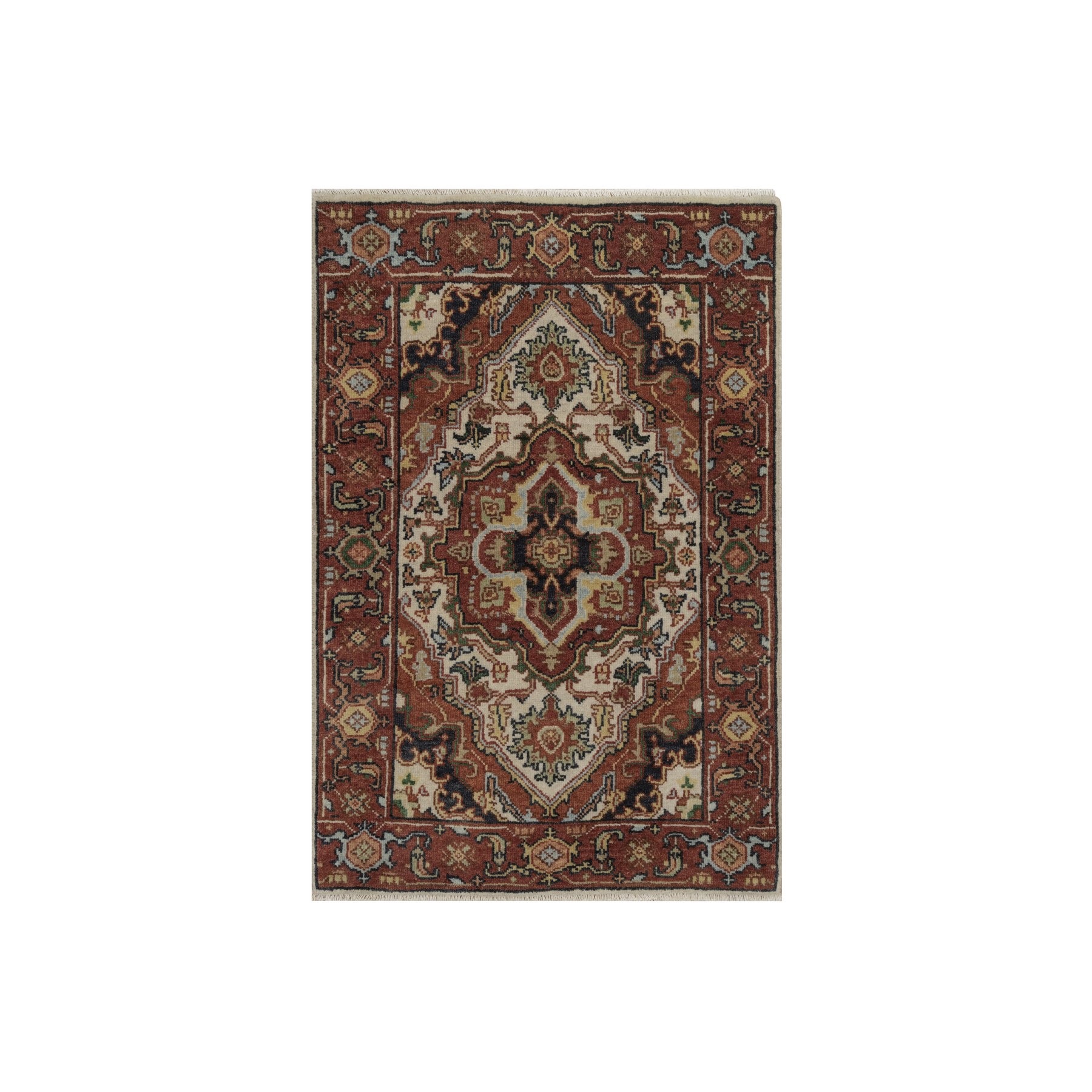 2'1"x3'1" Chiffon White, Antiqued Fine Heriz Re-Creation, Medallion Design, Hand Knotted, Hand Spun New Zealand Wool, Soft Pile, Vegetable Dyes, Mat, Sample, Oriental Rug 